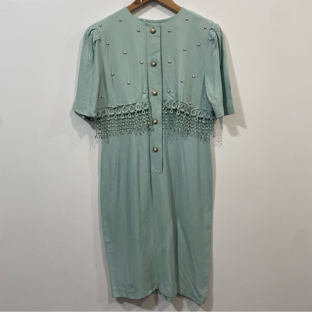 R&M Richards Evenings Mint Green Pearl Gold Studs Preppy Evening Gown Size 6P